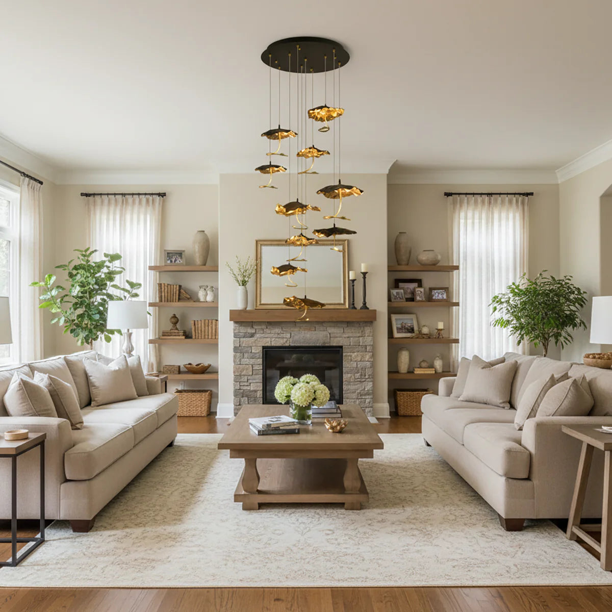 Brass aviary constellation chandelier with bird and star-shaped lights, hanging design by korewolamp.