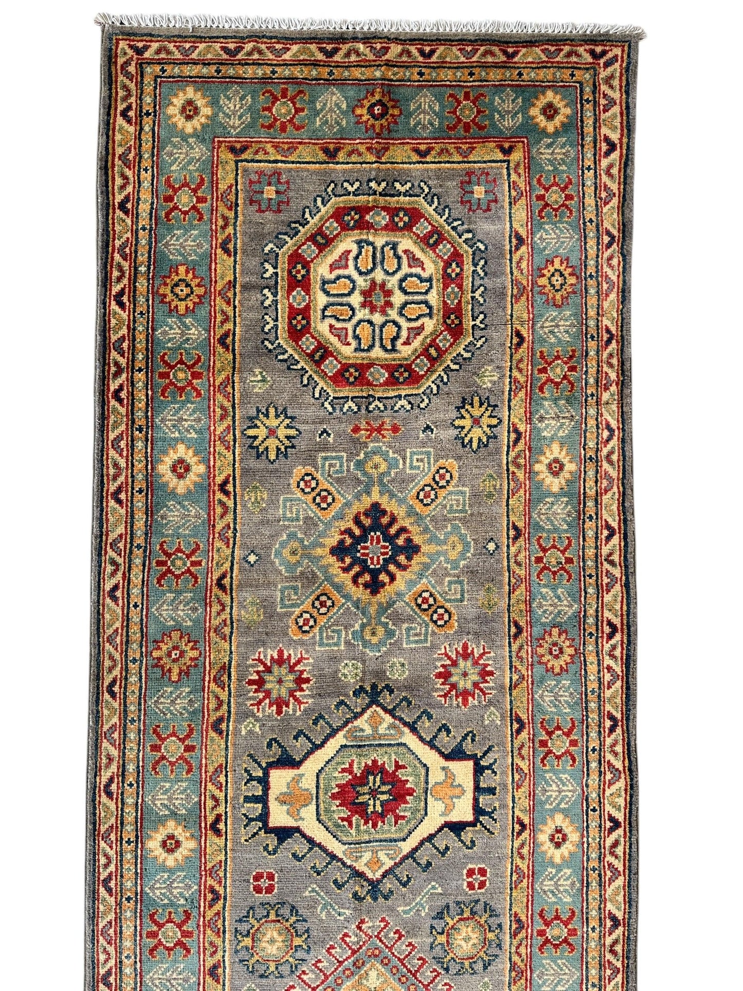 Hand-Knotted Afghan Kazak Wool Runner Rug – 2'7" x 12'3" – Traditional Geometric Design - Nuvé