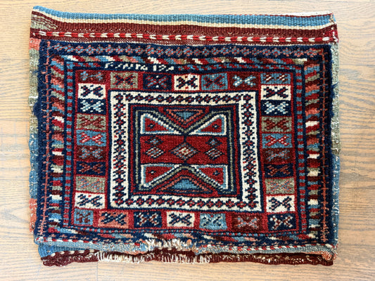 Antique Caucasian Pile Bag 13” x 13” | Burgundy, Light Blue & Ivory | Hand-Knotted Wool
