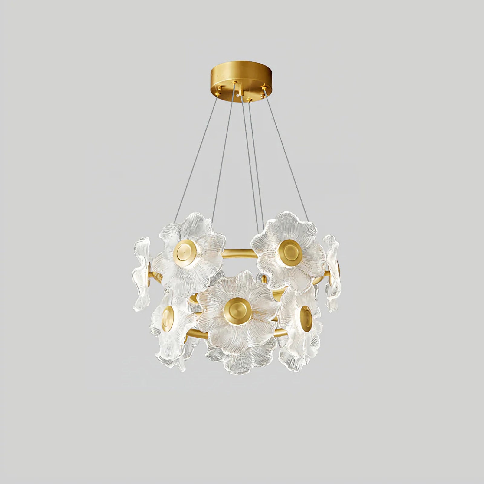 Korewolamp Charlotte Flower Chandelier with delicate floral design and multiple light bulbs, hanging from a ceiling.