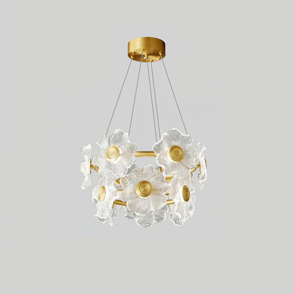 Korewolamp Charlotte Flower Chandelier with delicate floral design and multiple light bulbs, hanging from a ceiling.