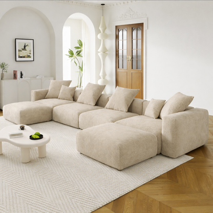 Kanso Corduroy Modular Bouclé Cloud Couch - Beige - 4-Seater Sectional Sofa with 2 Ottomans - Nuvé