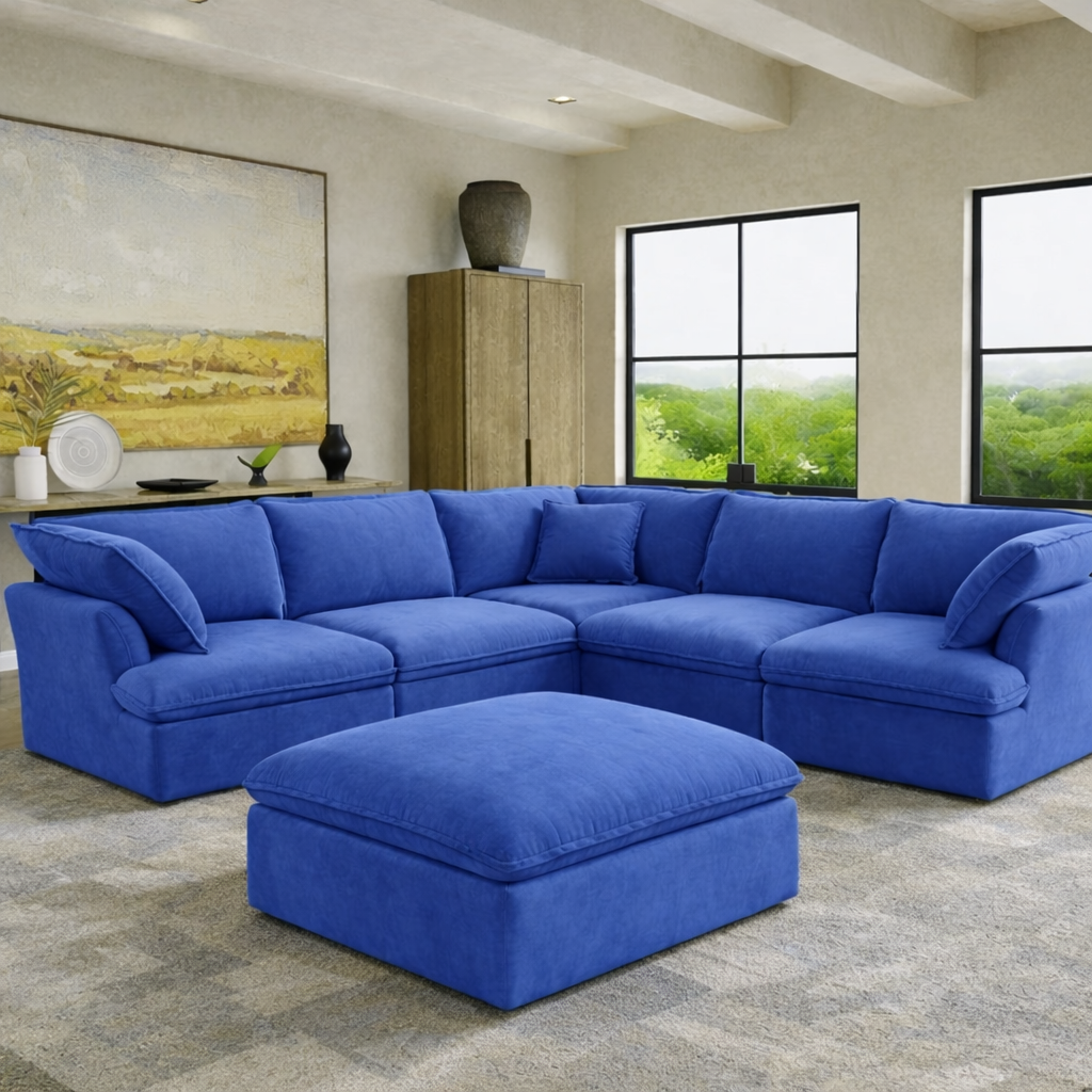 Sabi Modular Boucle Cloud Sofa- Blue - 5-Seater Sectional Sofa with Ottoman - Nuvé