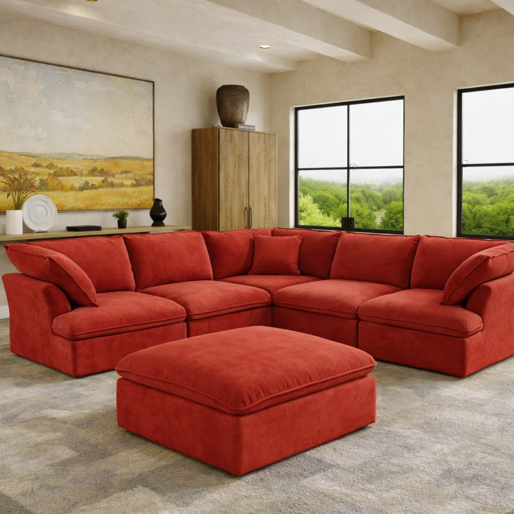 Sabi Modular Boucle Cloud Sofa - Red - 5-Seater Sectional Sofa with Ottoman - Nuvé