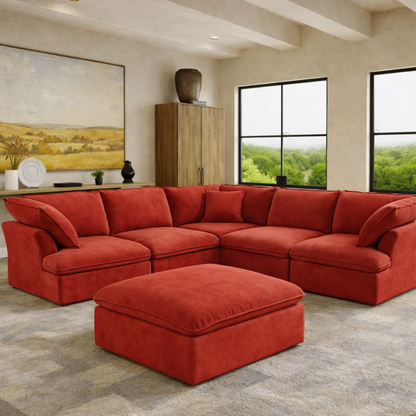 Sabi Modular Boucle Cloud Sofa - Red - 5-Seater Sectional Sofa with Ottoman - Nuvé