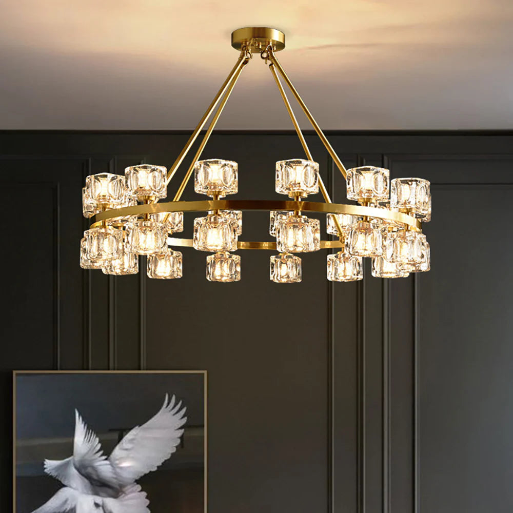 Korewolamp crystal cube gold chandelier hanging with multiple sparkling crystal cubes and a gold finish, elegant lighting fixture.