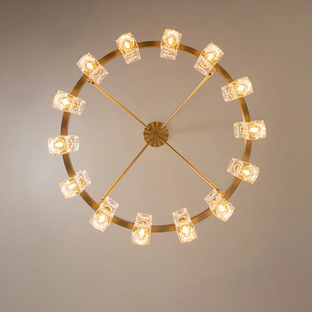 Gold crystal cube chandelier by korewolamp with sparkling crystal cubes and elegant design, hanging from a ceiling.