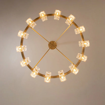Gold crystal cube chandelier by korewolamp with sparkling crystal cubes and elegant design, hanging from a ceiling.
