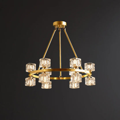 Korewolamp crystal cube gold chandelier with hanging crystal prisms and modern design, ideal for elegant lighting.