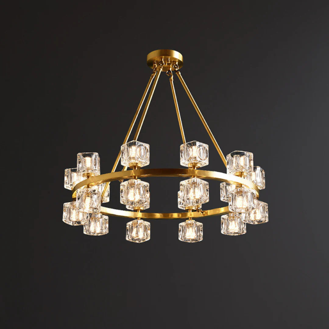 Korewolamp crystal cube gold chandelier with hanging crystal accents and modern design, showcasing elegant lighting fixture.