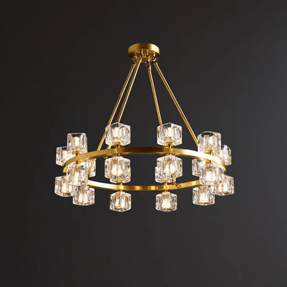 Korewolamp crystal cube gold chandelier with hanging crystal accents and modern design, showcasing elegant lighting fixture.