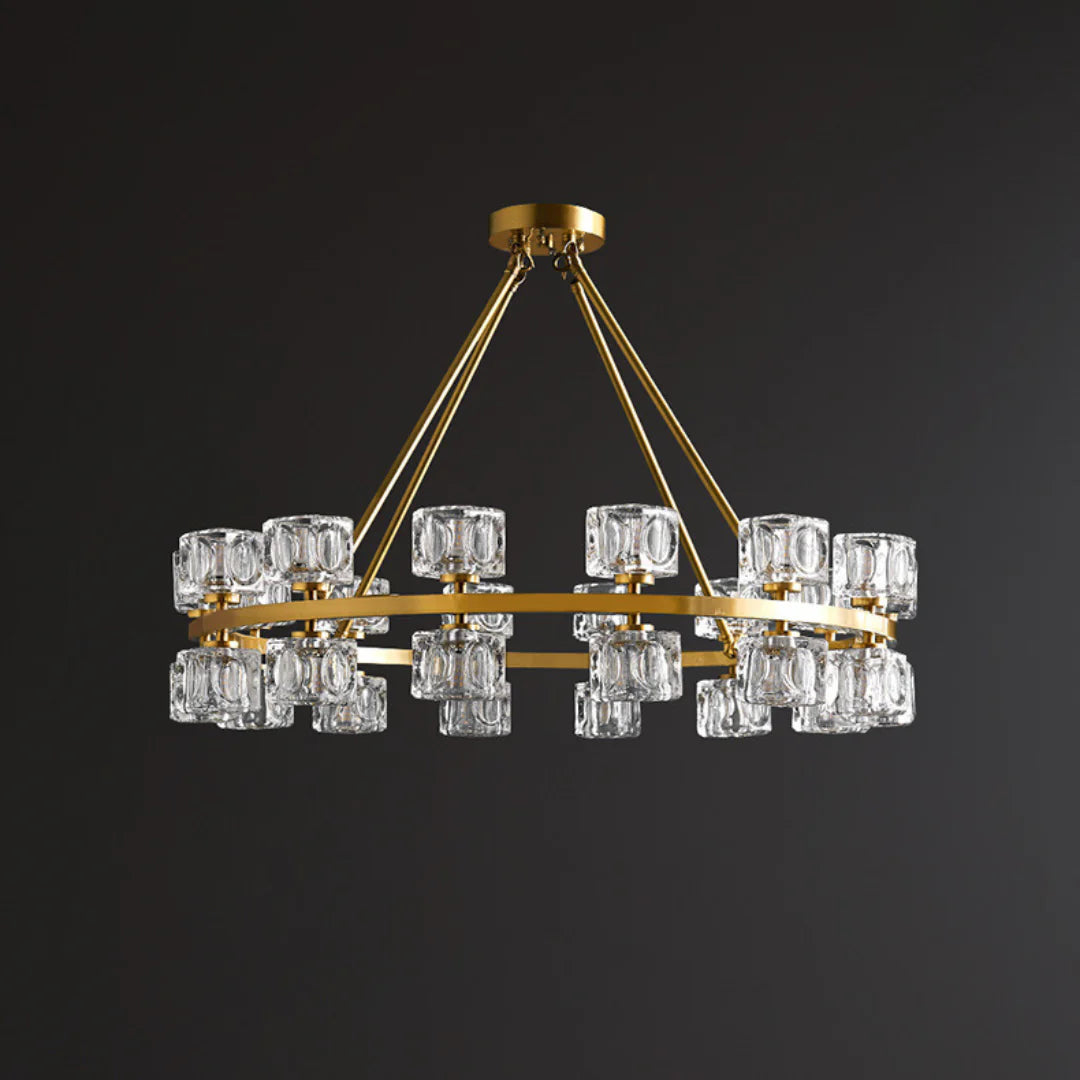 Elegant gold chandelier with crystal cube design from korewolamp, featuring multiple hanging crystal cubes and a modern lighting fixture.