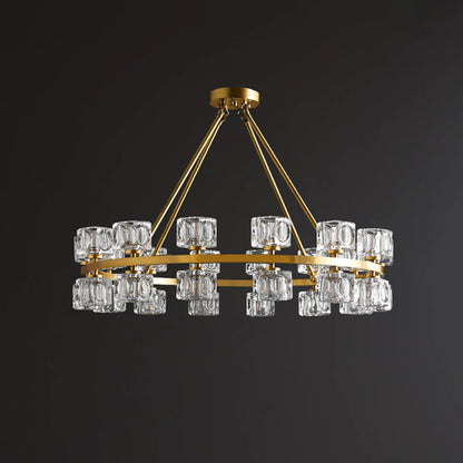 Elegant gold chandelier with crystal cube design from korewolamp, featuring multiple hanging crystal cubes and a modern lighting fixture.