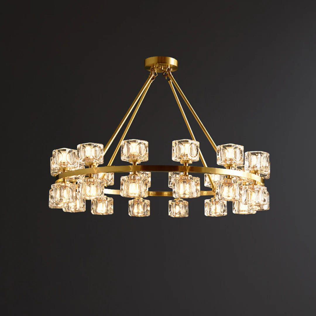 Korewolamp crystal cube gold chandelier with hanging glass crystals and a modern design, elegant lighting fixture.