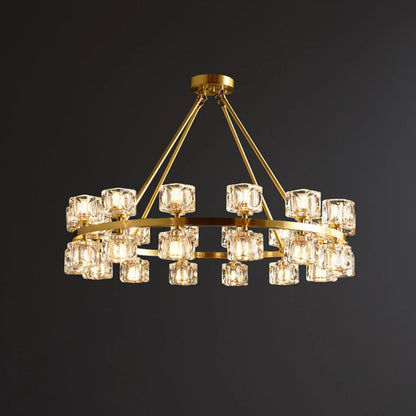 Korewolamp crystal cube gold chandelier with hanging glass crystals and a modern design, elegant lighting fixture.