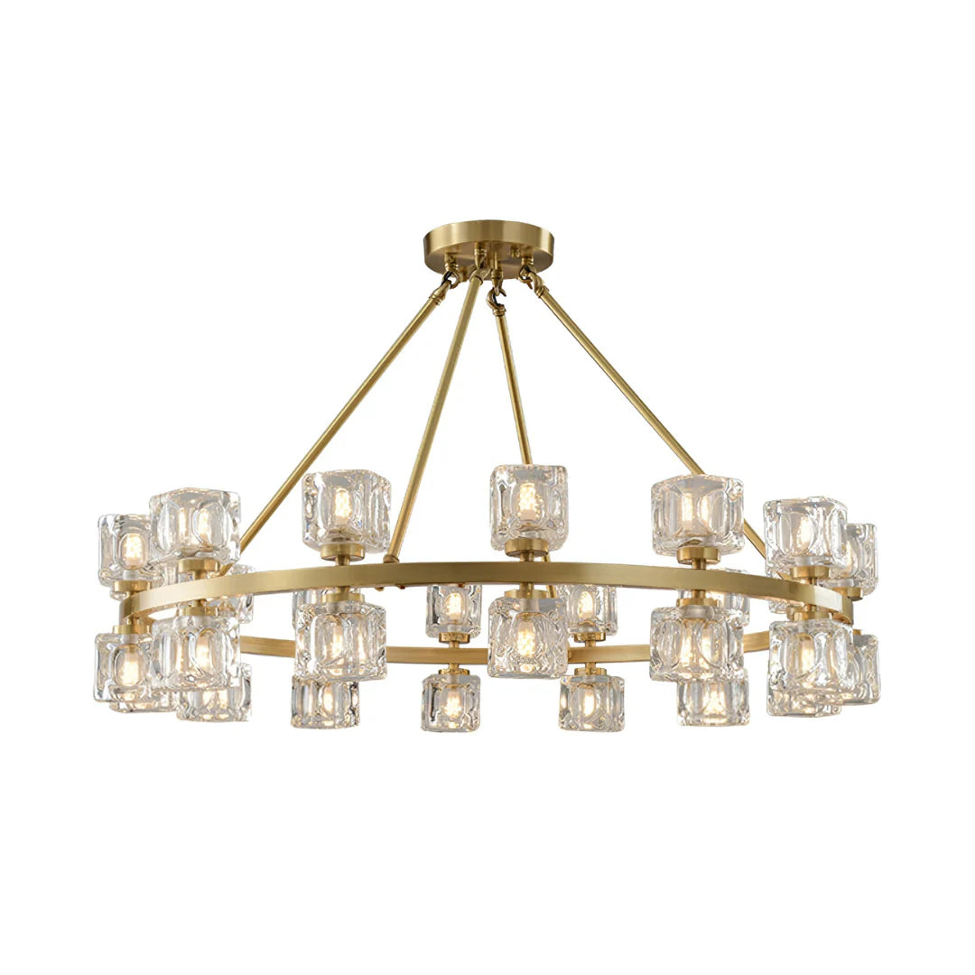Korewolamp crystal cube gold chandelier with hanging crystal prisms and modern design, elegant lighting fixture.