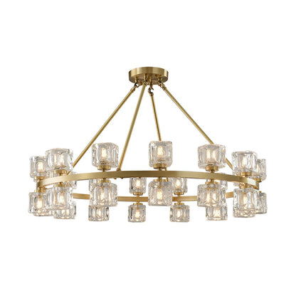 Korewolamp crystal cube gold chandelier with hanging crystal prisms and modern design, elegant lighting fixture.