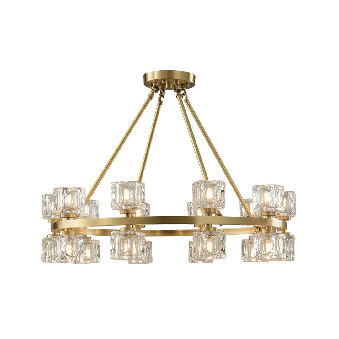 Korewolamp crystal cube gold chandelier with hanging glass cubes and elegant design, showcasing luxurious lighting fixture.