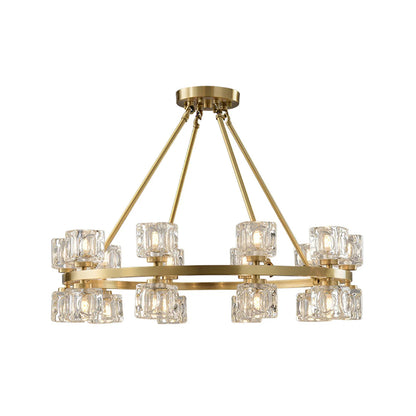 Korewolamp crystal cube gold chandelier with hanging glass cubes and elegant design, showcasing luxurious lighting fixture.