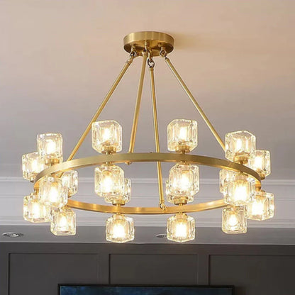 Elegant gold chandelier with crystal cube accents from korewolamp, showcasing a luxurious lighting fixture with sparkling crystal details.
