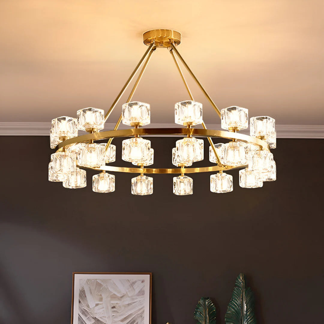 Korewolamp crystal cube gold chandelier with hanging crystal prisms and a sleek gold frame, elegant lighting fixture for modern decor.