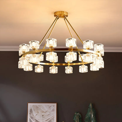 Korewolamp crystal cube gold chandelier with hanging crystal prisms and a sleek gold frame, elegant lighting fixture for modern decor.
