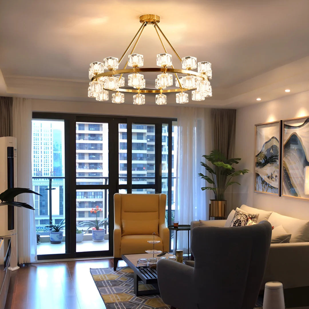 Crystal Cube Gold Chandelier - Nuvé