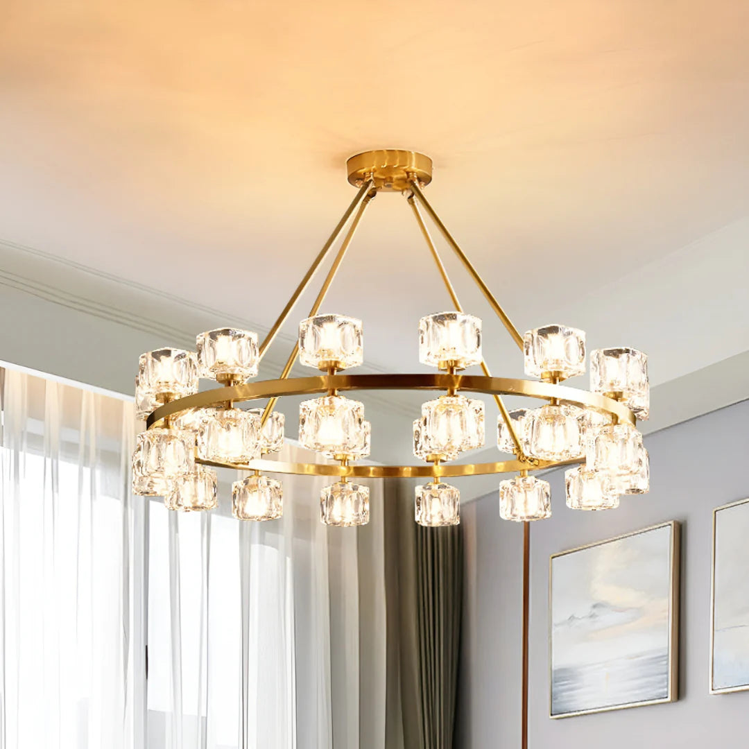 Korewolamp crystal cube gold chandelier with hanging crystal accents and modern geometric design.