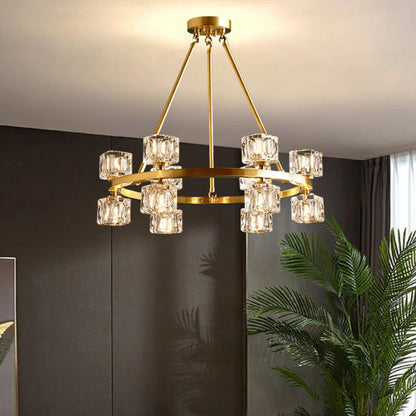 Gold crystal cube chandelier by korewolamp featuring sparkling crystal cubes and a modern chandelier design.
