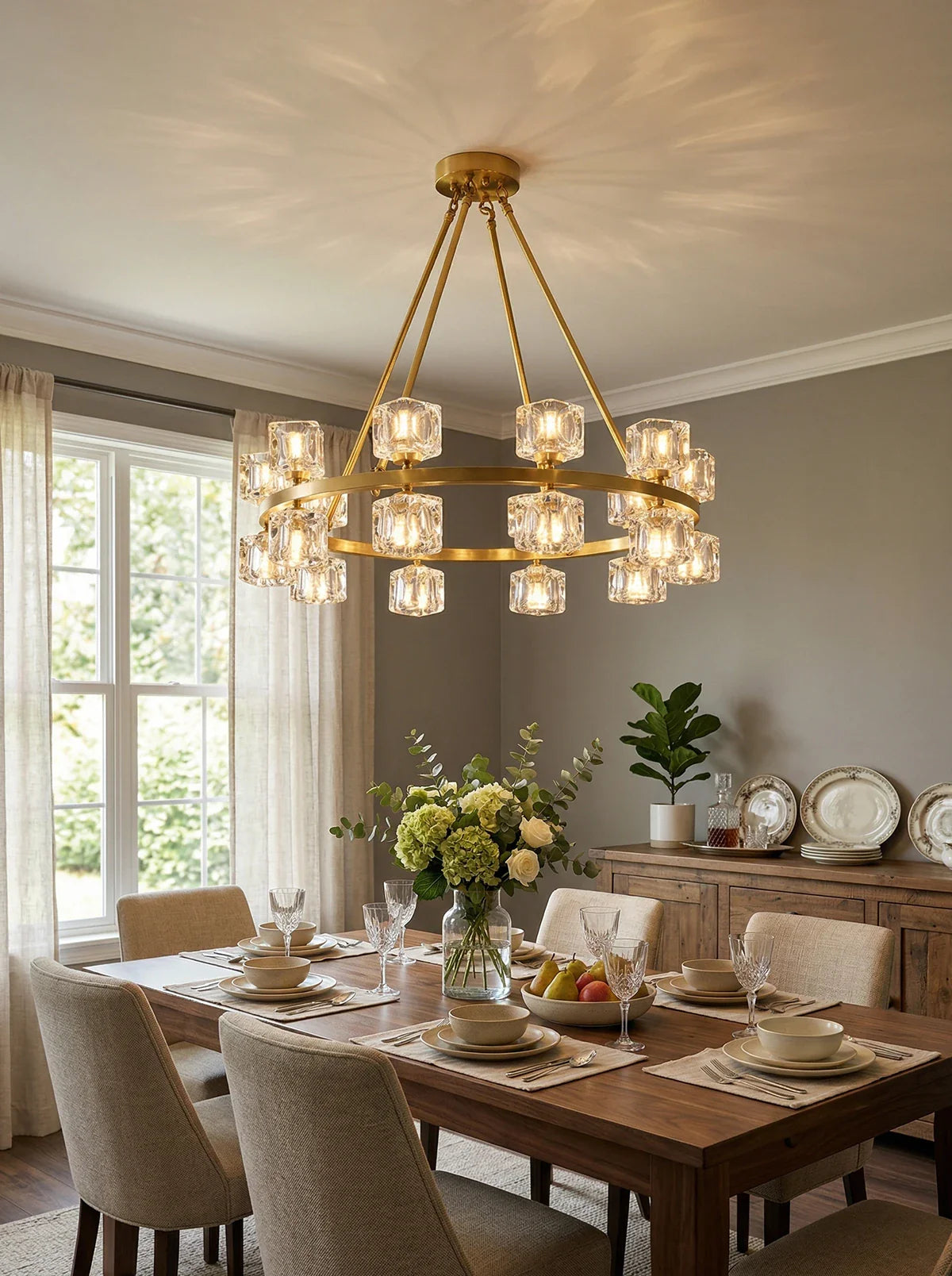 Elegant crystal cube gold chandelier by korewolamp featuring hanging crystal cubes and a polished gold finish.