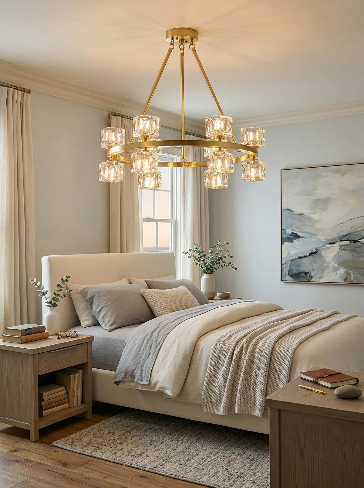 Elegant crystal cube gold chandelier by korewolamp with sparkling crystal accents and a modern design.