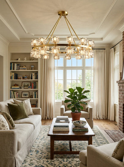 Elegant crystal cube gold chandelier by korewolamp featuring hanging crystal prisms and a modern gold finish.