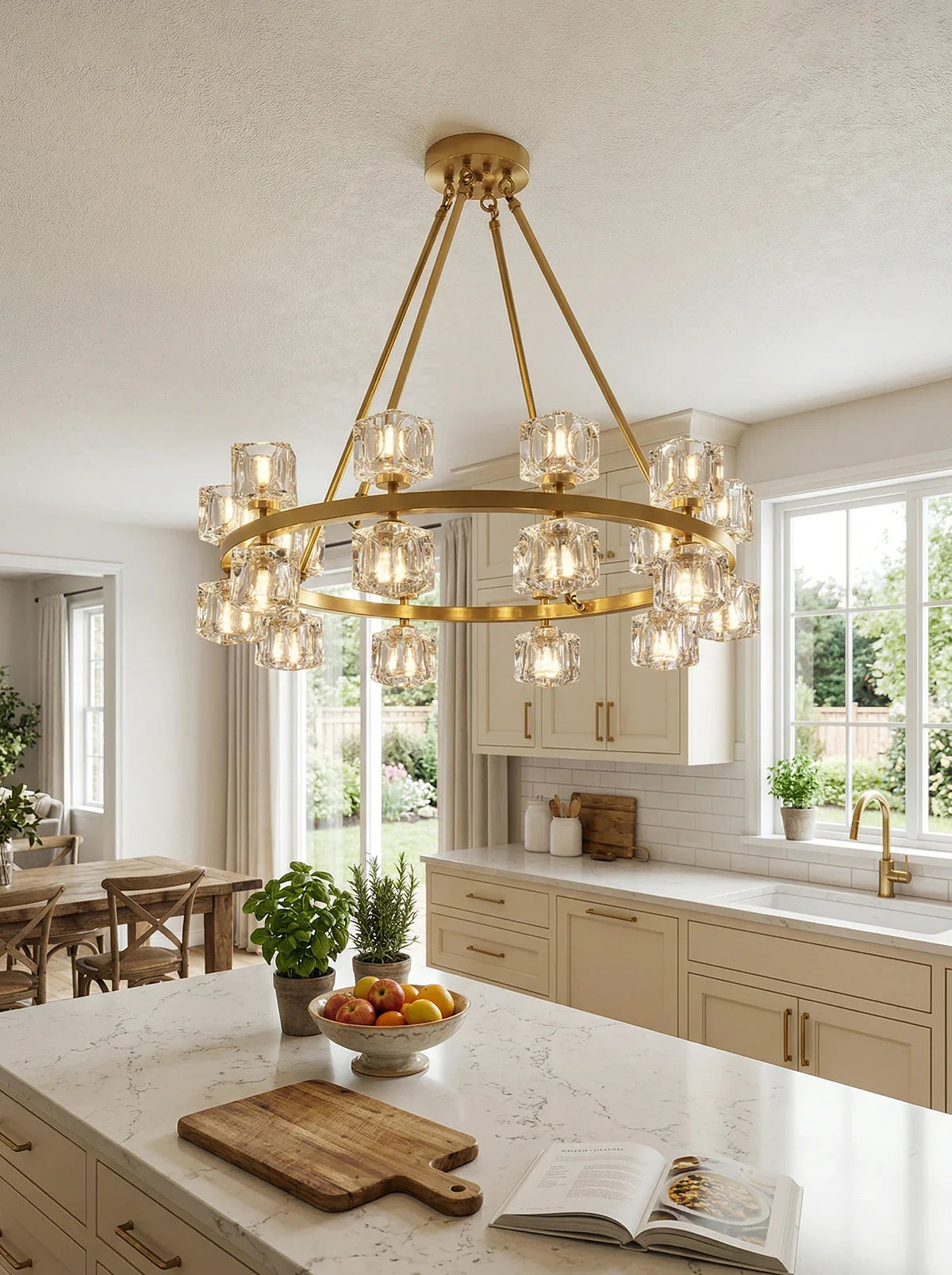 Korewolamp crystal cube gold chandelier hanging with sparkling crystal accents and modern design for elegant lighting.