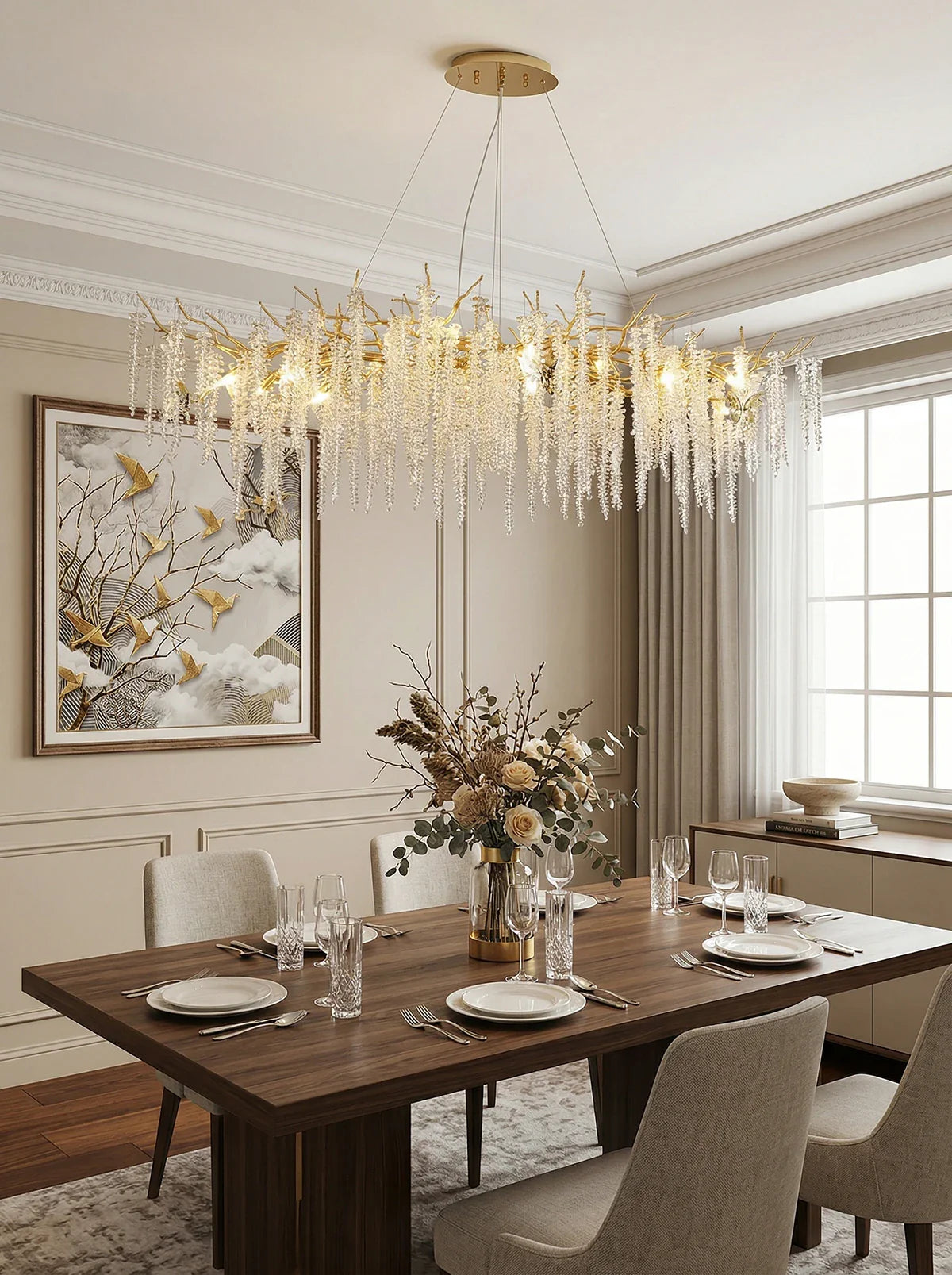 Elegant crystal and wicker chandelier by korewolamp with hanging crystal accents and woven wicker details, ideal for sophisticated lighting.