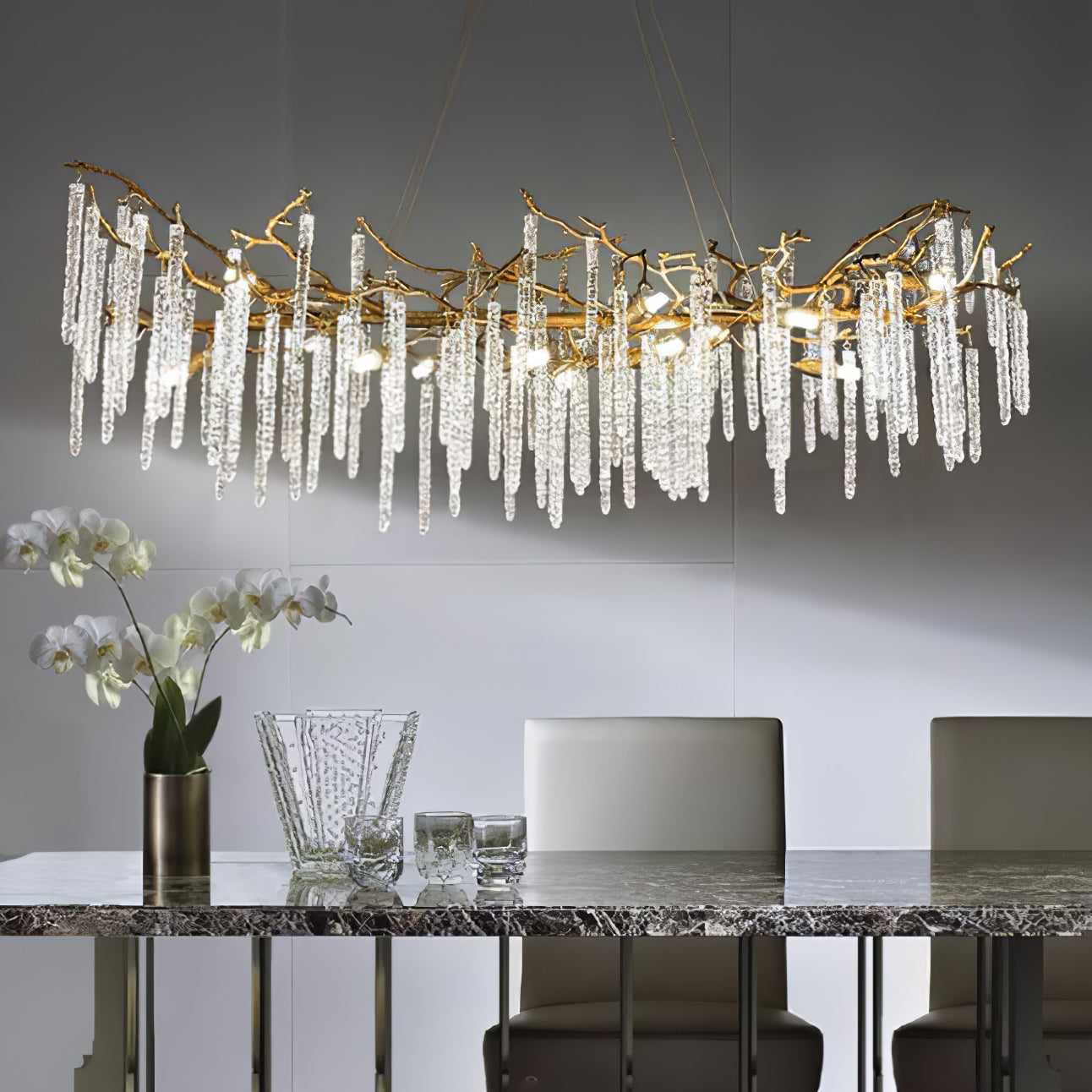Crystal Icicles Branch Brass Chandelier - Nuvé