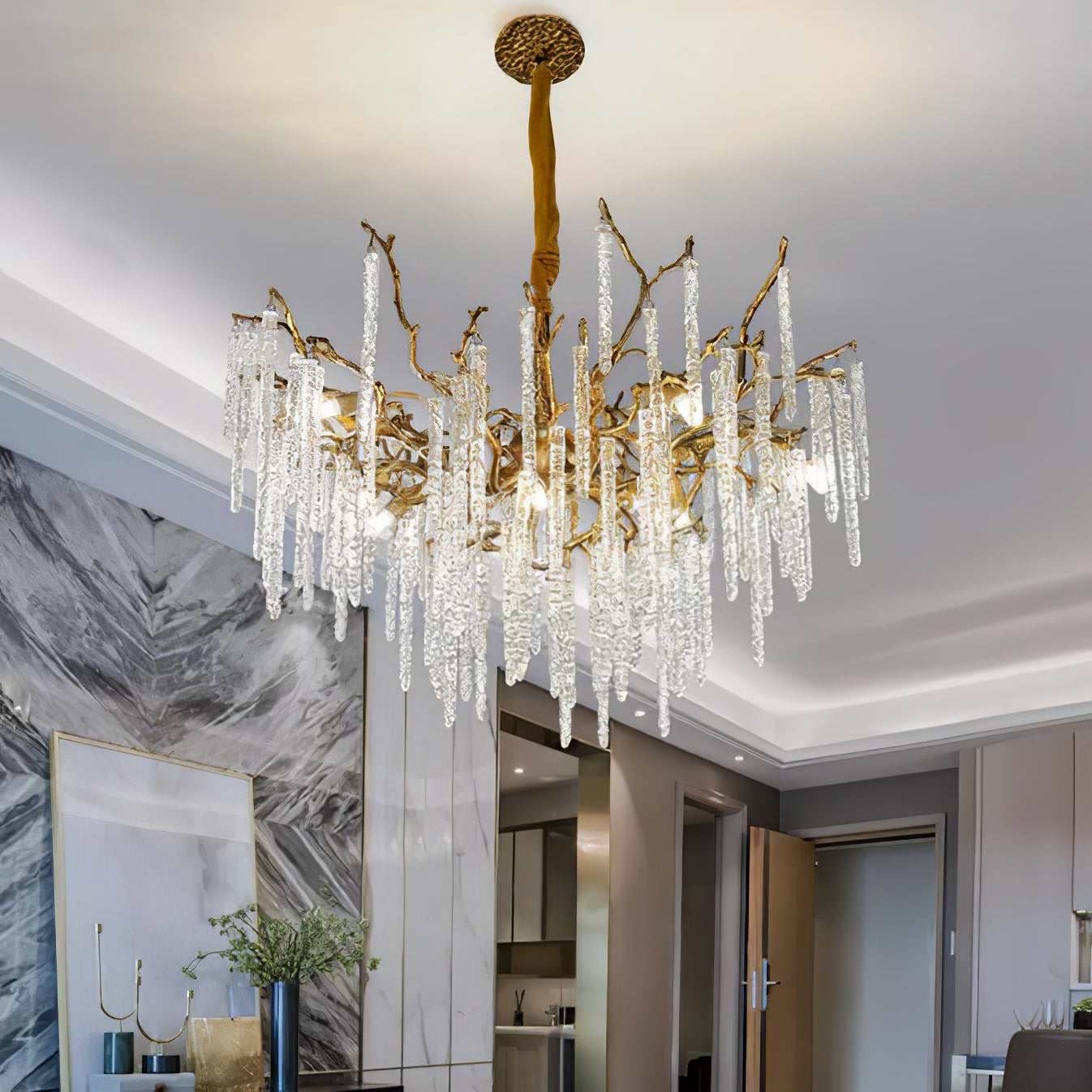 Crystal Icicles Branch Brass Chandelier - Nuvé