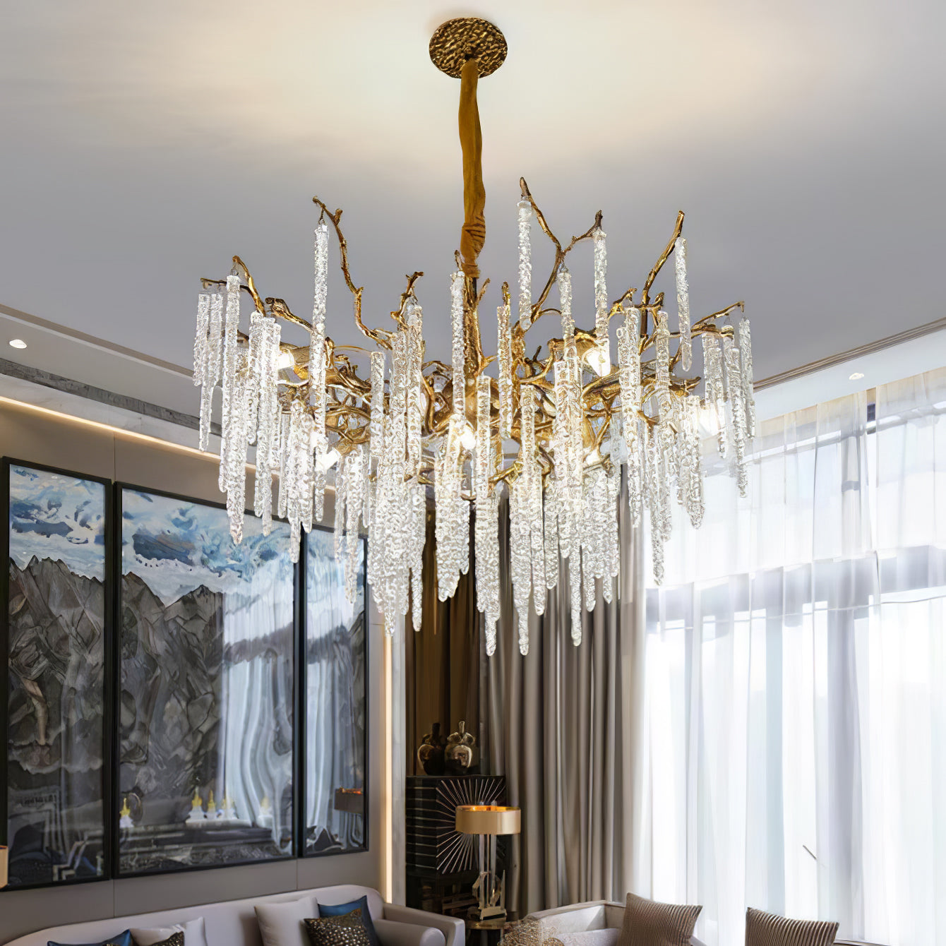 Crystal Icicles Branch Brass Chandelier - Nuvé