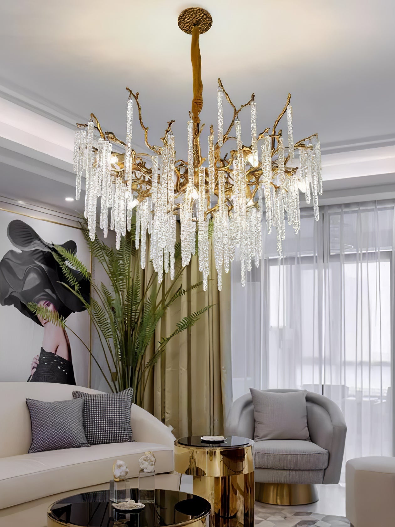 Crystal Icicles Branch Brass Chandelier - Nuvé