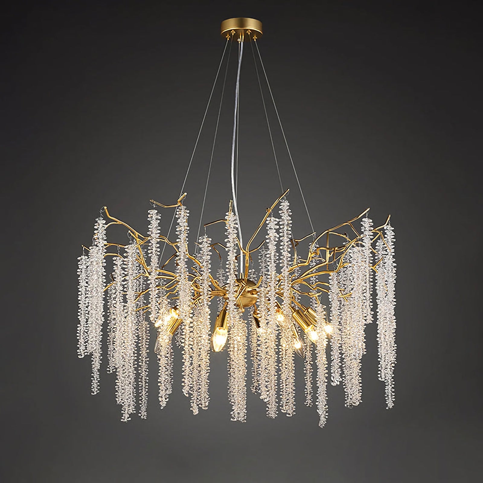 Korewolamp Crystal Wicker Chandelier with intricate woven wicker and sparkling crystal accents hanging from a metal frame.