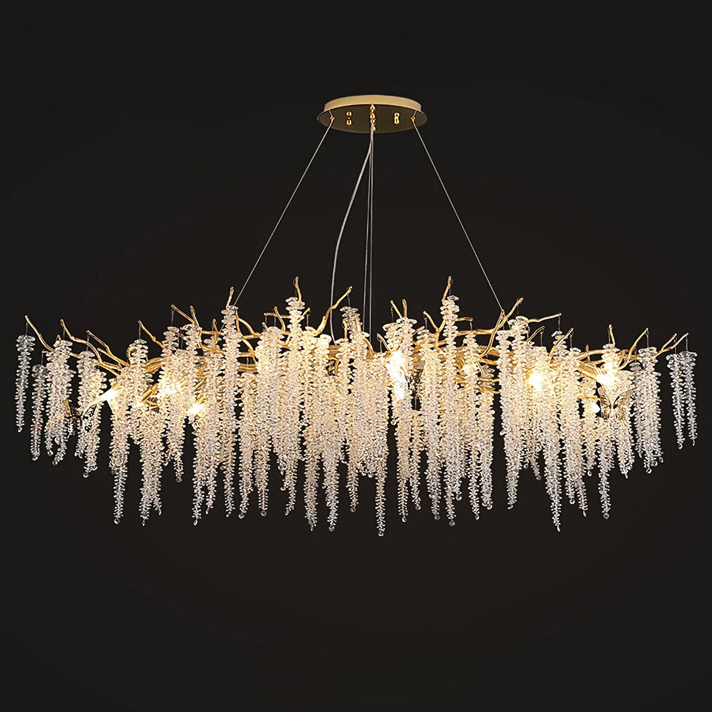 Elegant crystal wicker chandelier by Korewolamp with intricate glass details and a warm ambient glow.