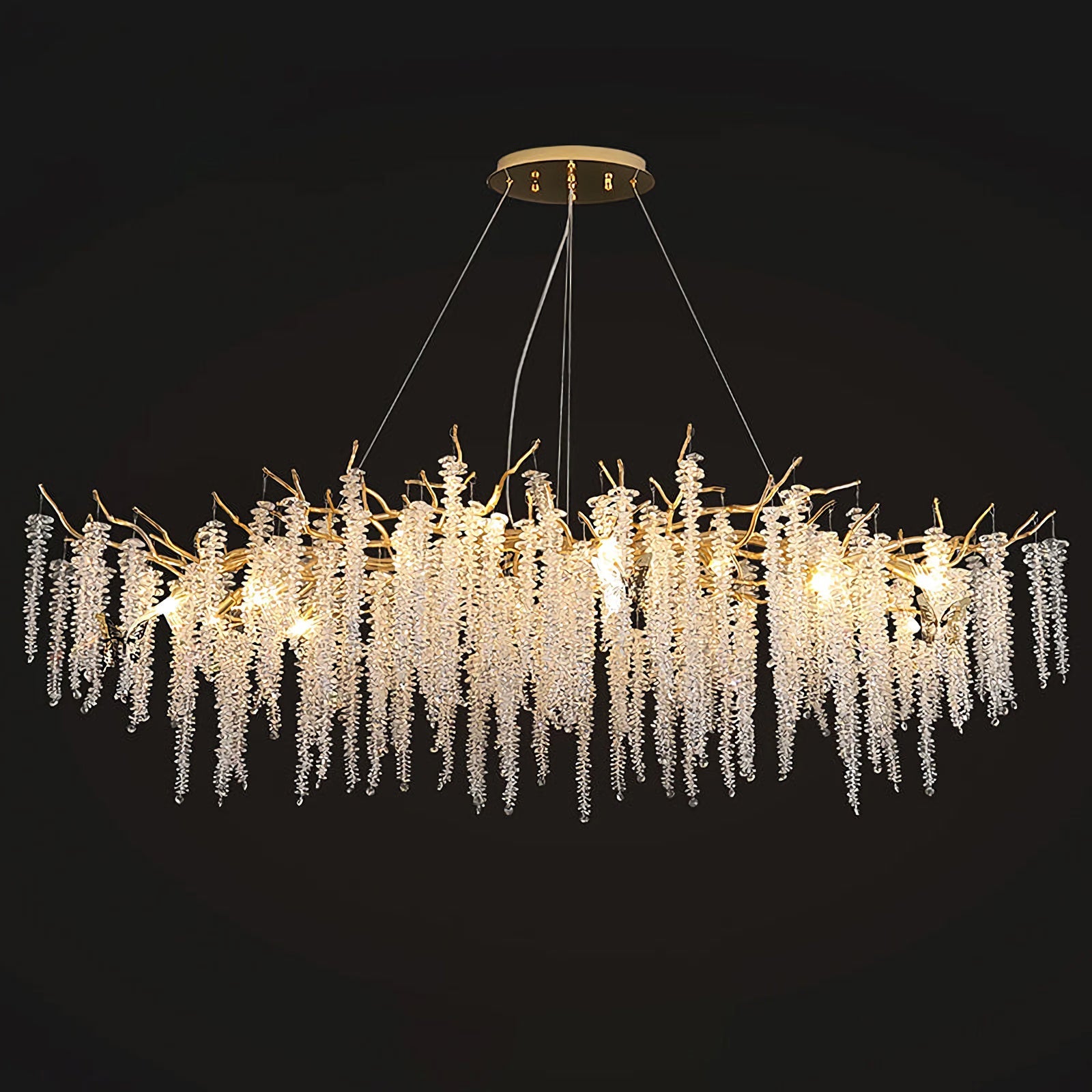 Elegant crystal wicker chandelier by Korewolamp with intricate glass details and a warm ambient glow.