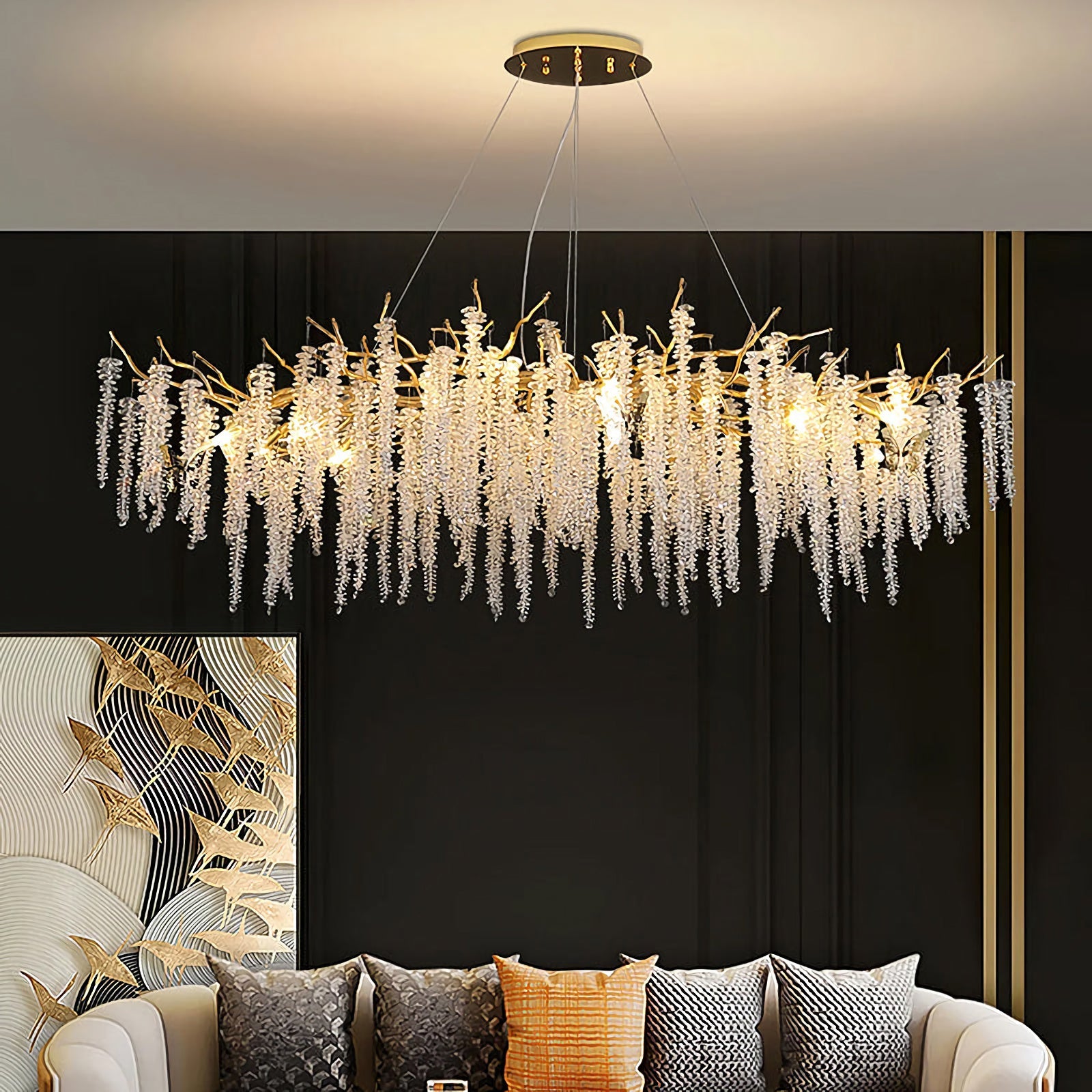 Korewolamp crystal wicker chandelier with intricate glass crystals and woven wicker design hanging from a ceiling.