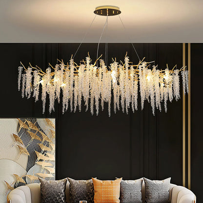 Korewolamp crystal wicker chandelier with intricate glass crystals and woven wicker design hanging from a ceiling.