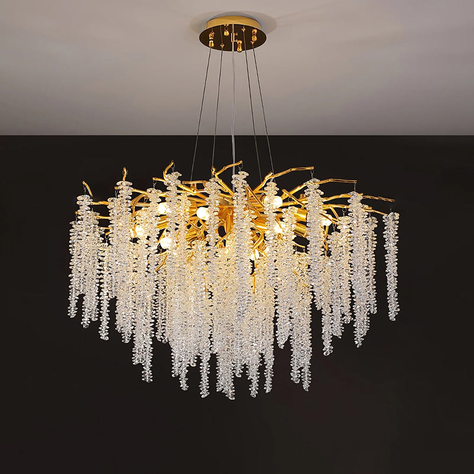 Elegant crystal wicker chandelier by Korewolamp featuring intricate glass and wicker design, hanging with multiple crystal accents.
