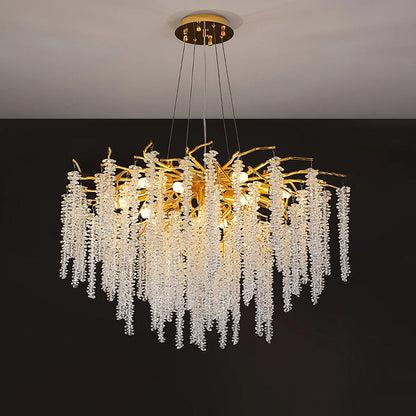 Elegant crystal wicker chandelier by Korewolamp featuring intricate glass and wicker design, hanging with multiple crystal accents.