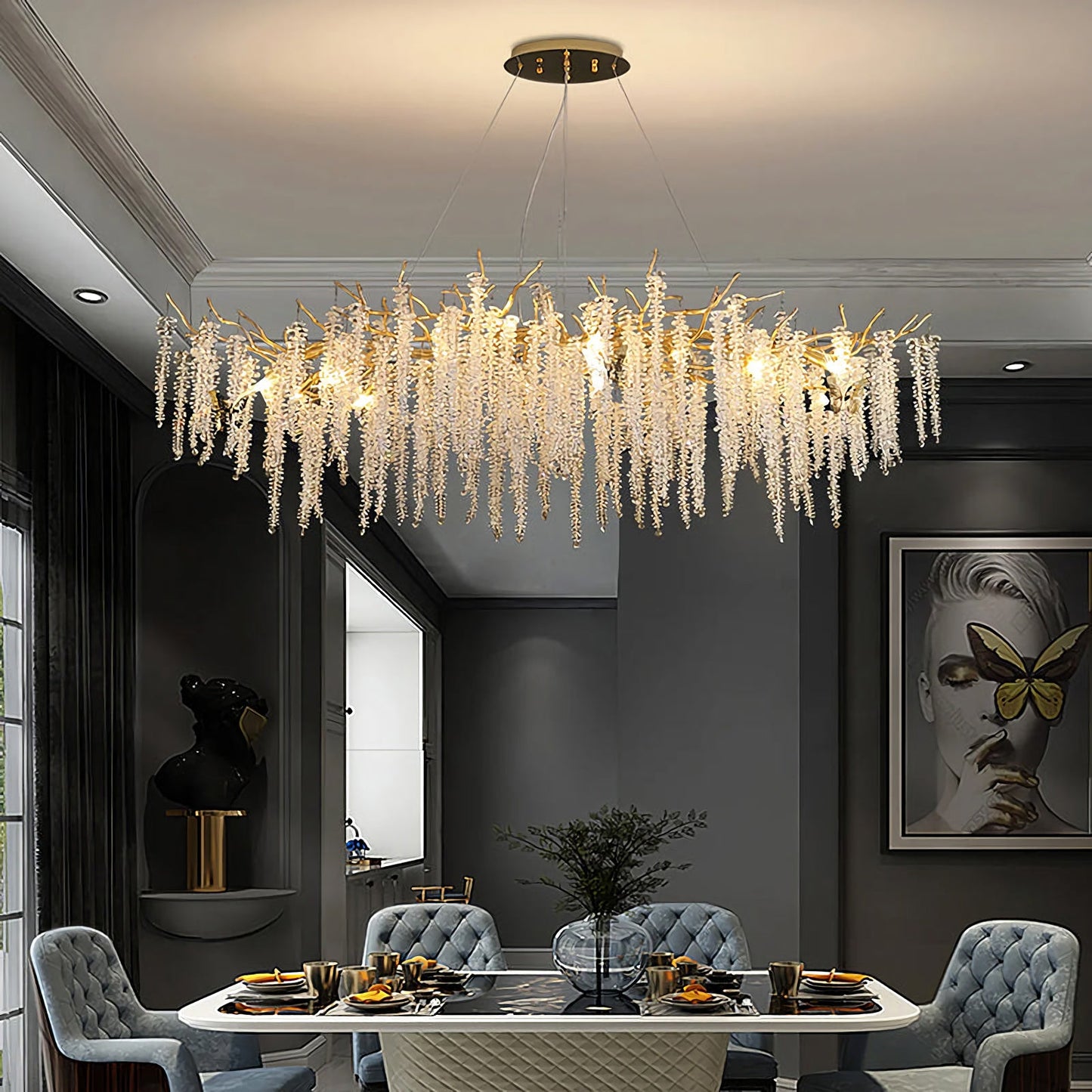 Korewolamp crystal wicker chandelier with glass crystals and woven wicker frame, elegant lighting fixture for living spaces