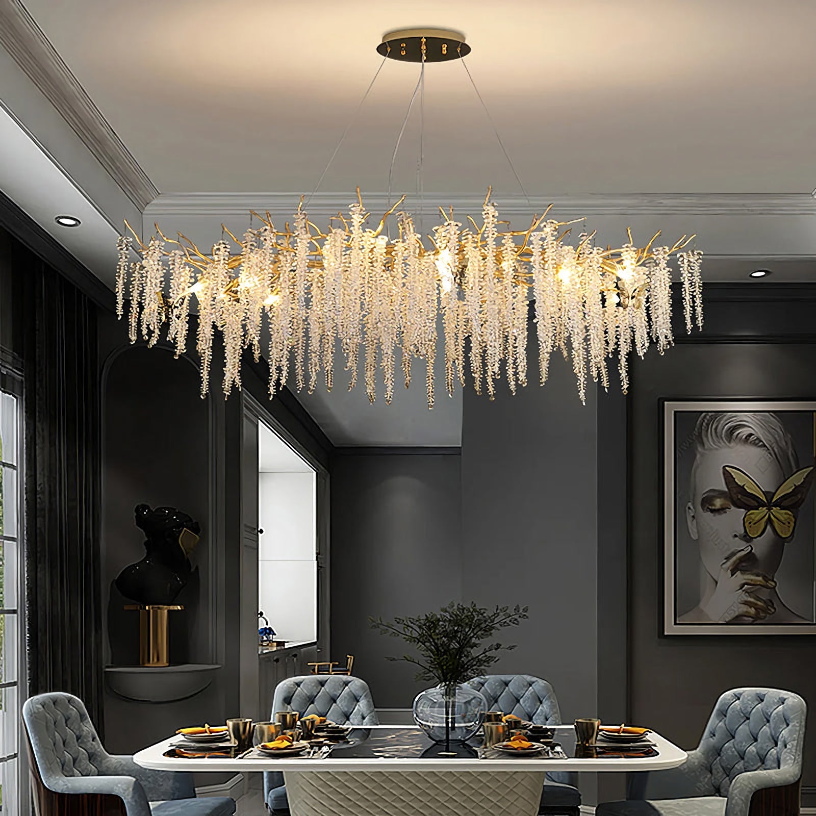 Korewolamp crystal wicker chandelier with glass crystals and woven wicker frame, elegant lighting fixture for living spaces