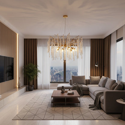 Korewolamp crystal wicker chandelier with intricate glass crystals and woven wicker accents hanging from a modern frame.