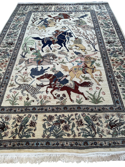 Hand-Knotted Lahore Hunting Scene Wool Rug – 8’ x 11’3” – Vintage 1950s Persian-Style Masterpiece - Nuvé