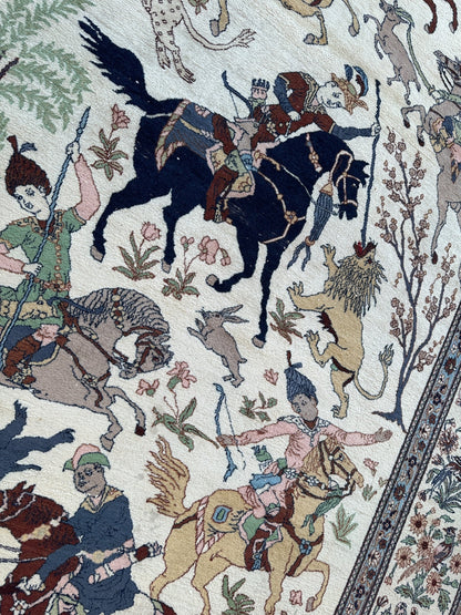 Hand-Knotted Lahore Hunting Scene Wool Rug – 8’ x 11’3” – Vintage 1950s Persian-Style Masterpiece - Nuvé